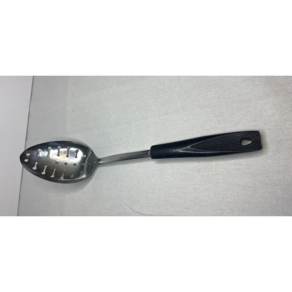 Vintage EKCO Slotted Spoon Chromium Plated Black Handle Made in USA 11 Inch‎
